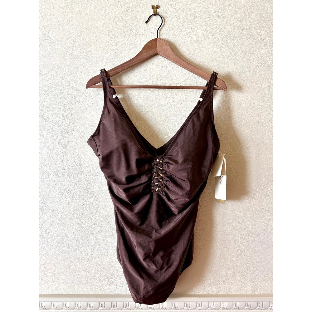 NEW Gottex Collection Chocolate Brown One Piece Swimsuit Gold Crystal Detail 18